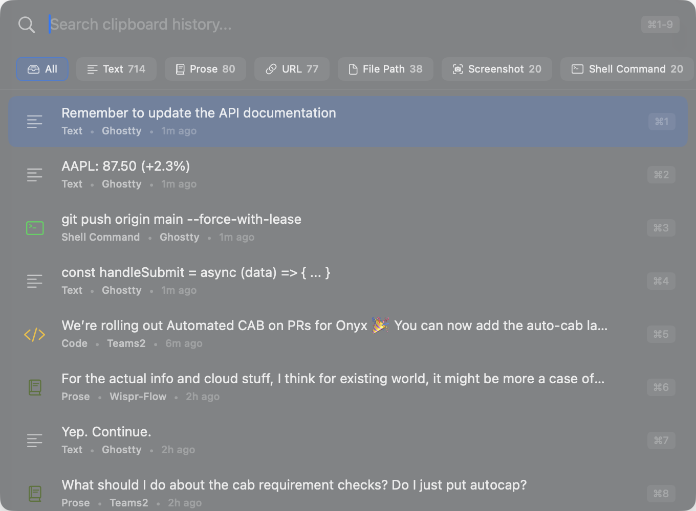 Pasta app showing clipboard history with smart content detection